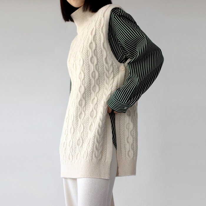 Turtleneck Cable Knit Long Vest